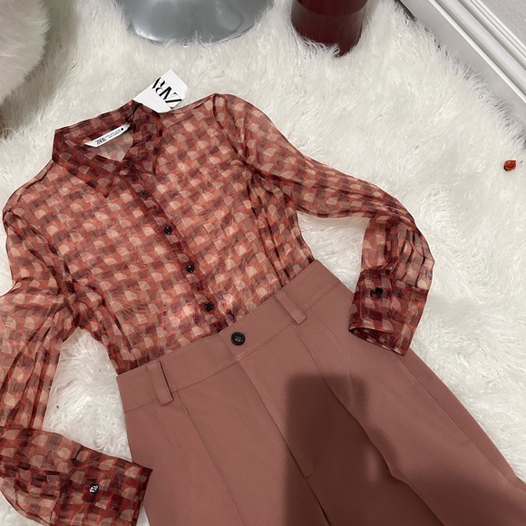 Zara print transparent shirt and wide cropped pants - Picture 3 of 12